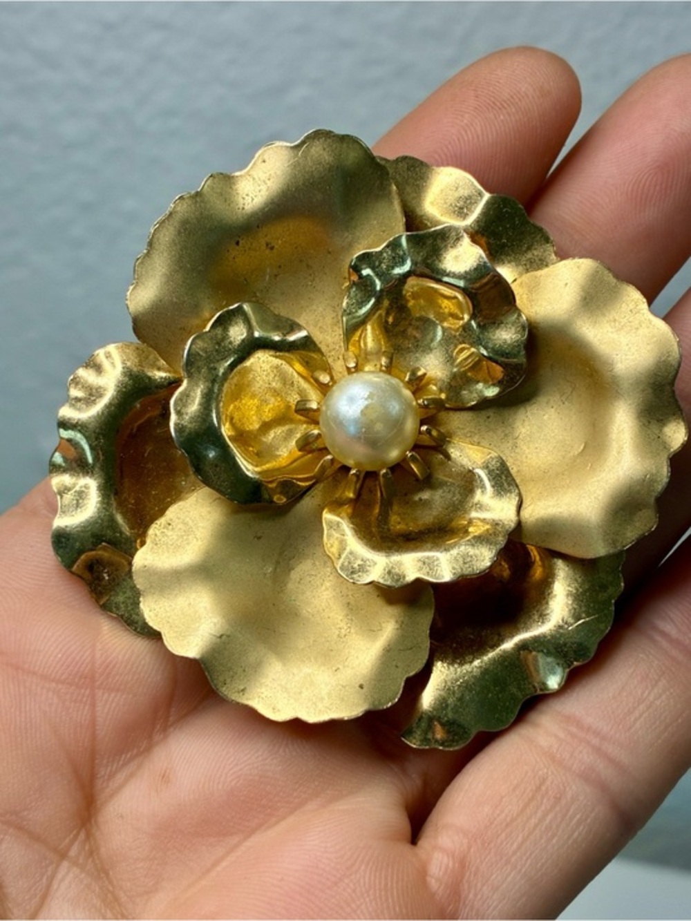 Brushed Gold Flower Brooch with Pearl Center Multi Dimensional Lightweight